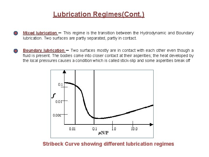 Lubrication Regimes(Cont. ) Mixed lubrication – This regime is the transition between the Hydrodynamic