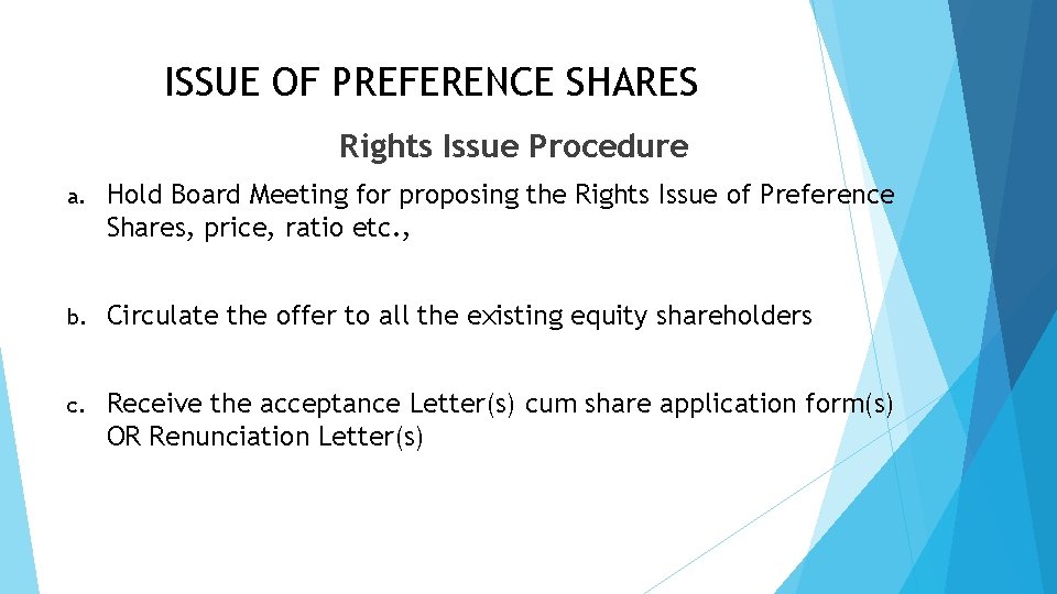 ISSUE OF PREFERENCE SHARES Rights Issue Procedure a. Hold Board Meeting for proposing the