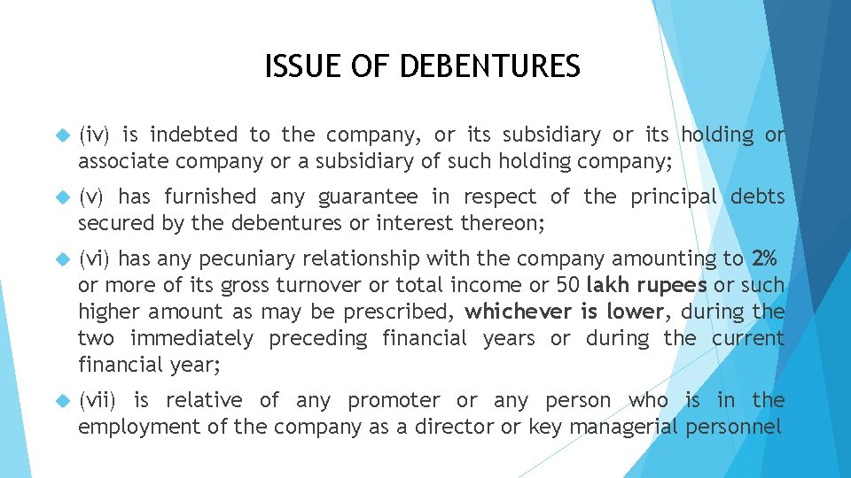 ISSUE OF DEBENTURES (iv) is indebted to the company, or its subsidiary or its
