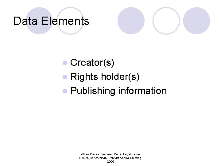 Data Elements l Creator(s) l Rights holder(s) l Publishing information When Private Becomes Public: