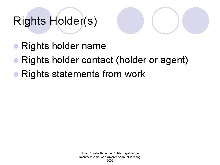 Rights Holder(s) l Rights holder name l Rights holder contact (holder or agent) l