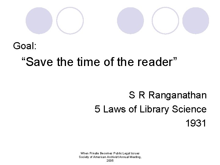Goal: “Save the time of the reader” S R Ranganathan 5 Laws of Library