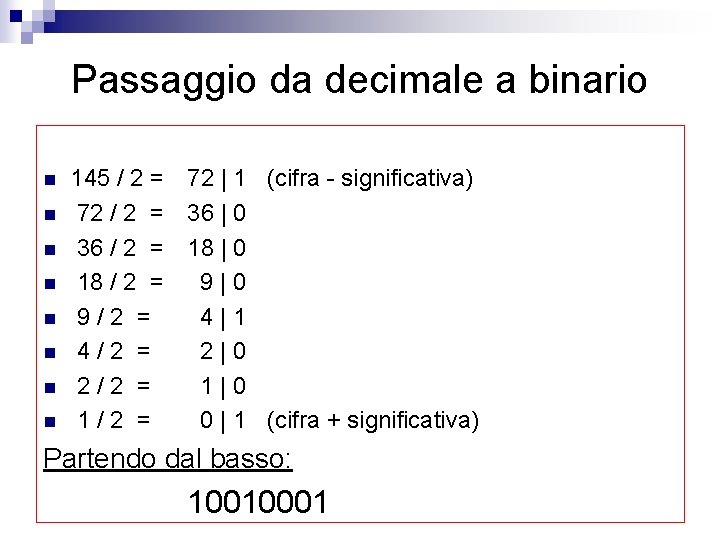 Passaggio da decimale a binario n n n n 145 / 2 = 72