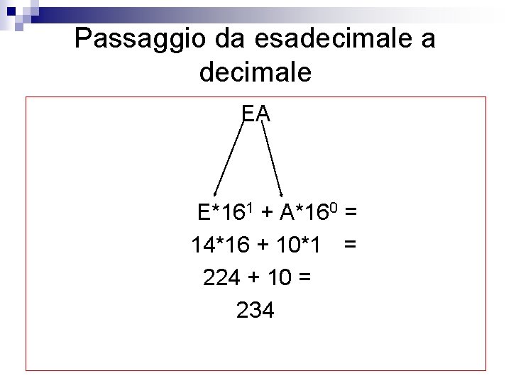 Passaggio da esadecimale a decimale EA E*161 + A*160 = 14*16 + 10*1 =