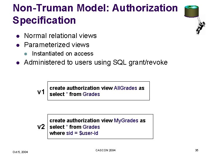 Non-Truman Model: Authorization Specification l l Normal relational views Parameterized views l l Instantiated