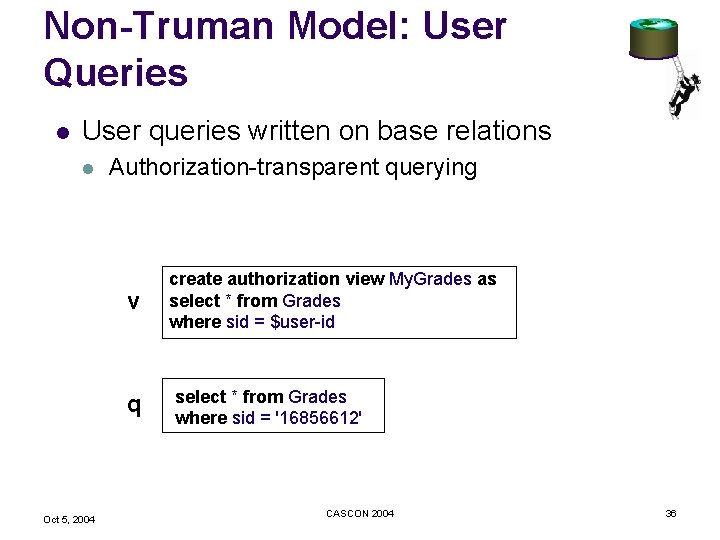 Non-Truman Model: User Queries l User queries written on base relations l Authorization-transparent querying