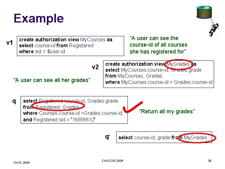 Example “A user can see the course-id of all courses she has registered for”