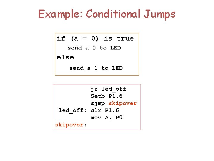 Example: Conditional Jumps if (a = 0) is true send a 0 to LED
