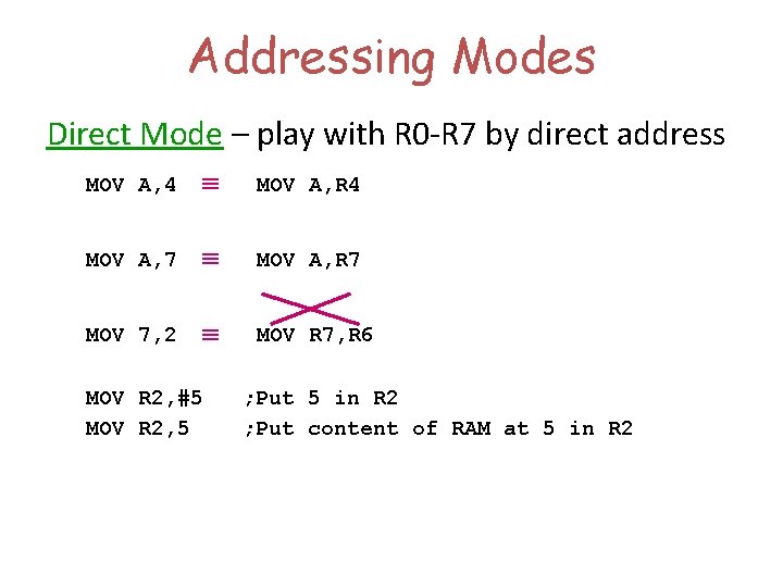 Addressing Modes Direct Mode – play with R 0 -R 7 by direct address