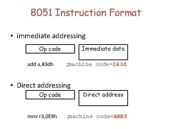 8051 Instruction Format • immediate addressing Immediate data Op code add a, #3 dh