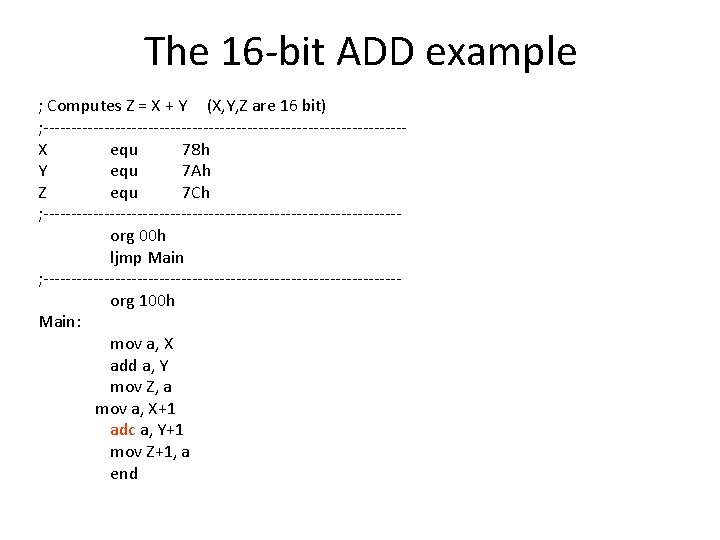 The 16 -bit ADD example ; Computes Z = X + Y (X, Y,