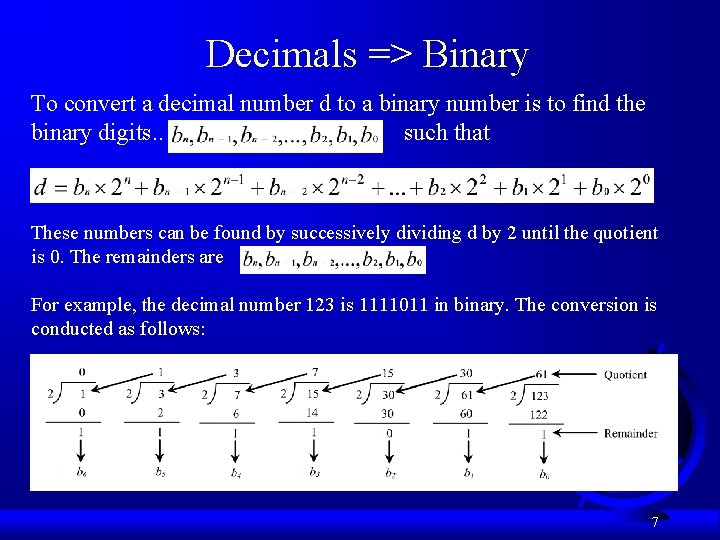 Decimals => Binary To convert a decimal number d to a binary number is