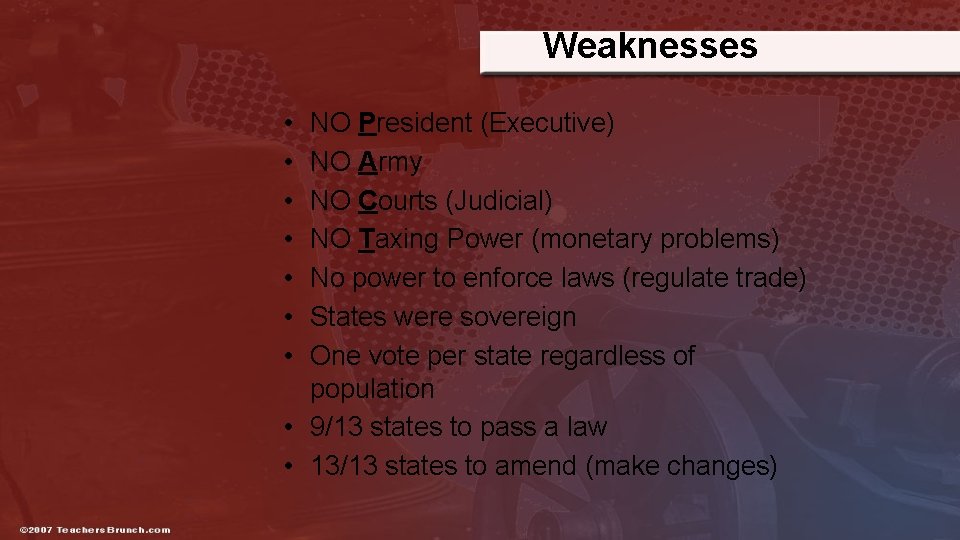 Weaknesses • • NO President (Executive) NO Army NO Courts (Judicial) NO Taxing Power