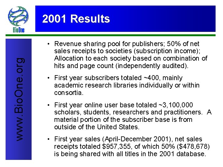 www. Bio. One. org 2001 Results • Revenue sharing pool for publishers; 50% of