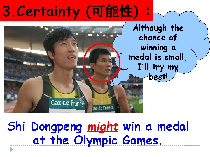 3. Certainty (可能性) : Although the chance of winning a medal is small, I’ll