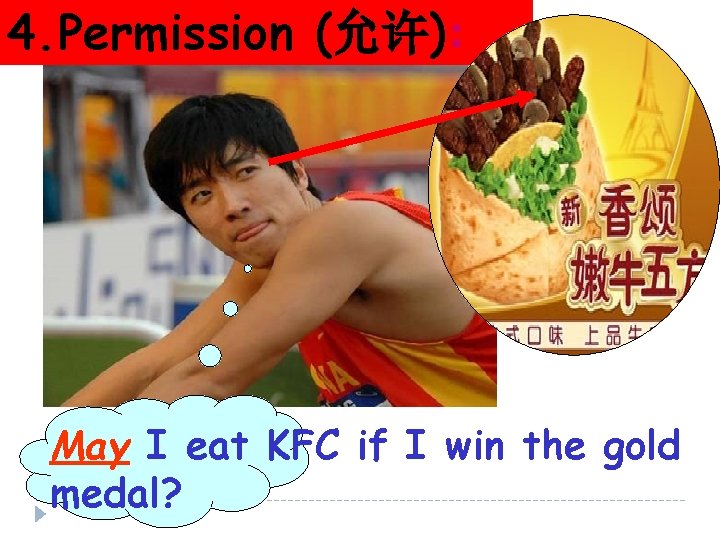 4. Permission (允许): May I eat KFC if I win the gold medal? 