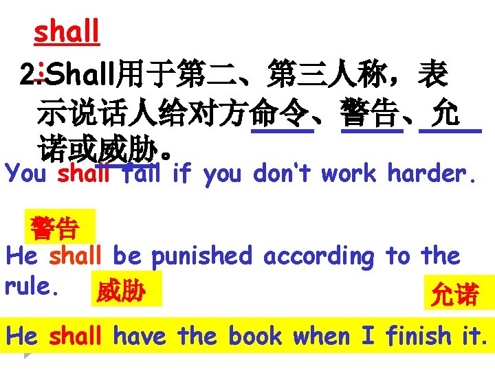 shall : 2. Shall用于第二、第三人称，表 示说话人给对方命令、警告、允 诺或威胁。 You shall fail if you don‘t work harder.