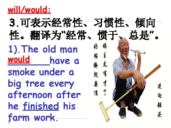 will/would: 3. 可表示经常性、习惯性、倾向 性。翻译为“经常、惯于、总是”。 1). The old man would _______have a smoke under a