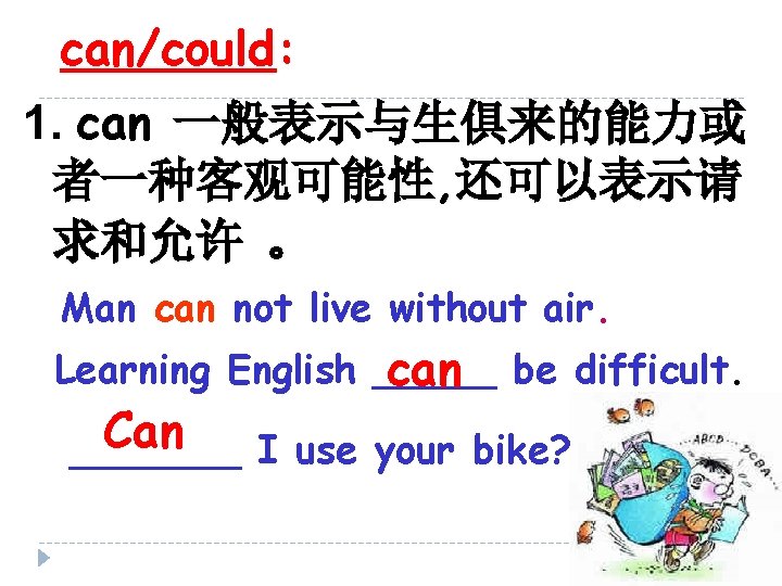 can/could: 1. can 一般表示与生俱来的能力或 者一种客观可能性, 还可以表示请 求和允许 。 Man can not live without air.