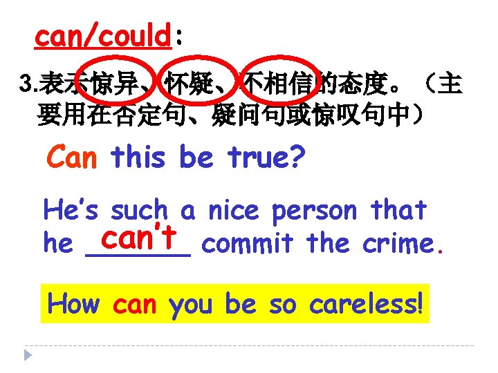 can/could: 3. 表示惊异、怀疑、不相信的态度。（主 要用在否定句、疑问句或惊叹句中） Can this be true? He’s such a nice person that