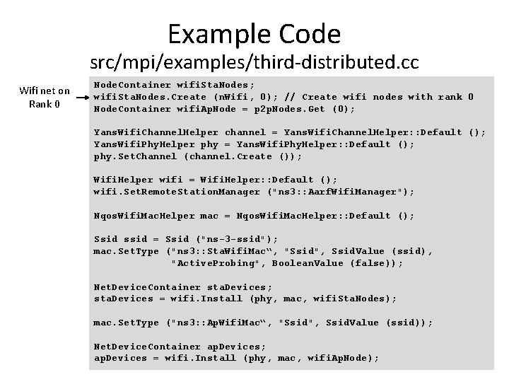 Example Code src/mpi/examples/third-distributed. cc Wifi net on Rank 0 Node. Container wifi. Sta. Nodes;