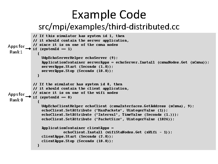 Example Code src/mpi/examples/third-distributed. cc Apps for Rank 1 Apps for Rank 0 // If Example Code src/mpi/examples/third-distributed. cc Apps for Rank 1 Apps for Rank 0 // If