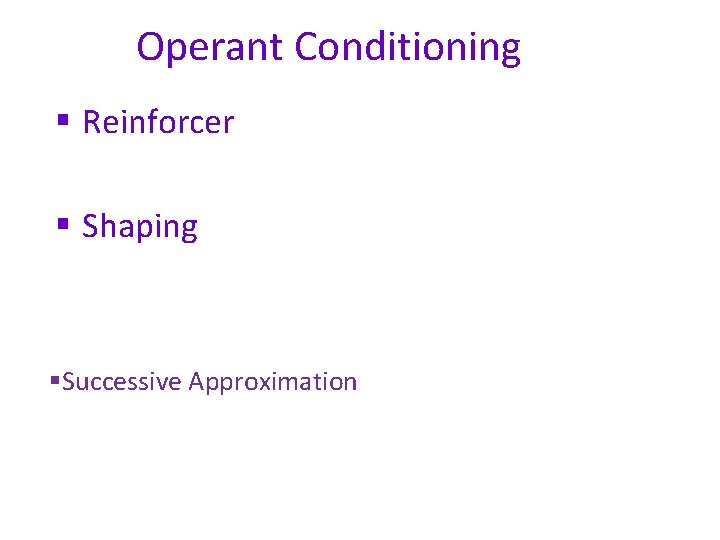 Operant Conditioning § Reinforcer § Shaping §Successive Approximation 