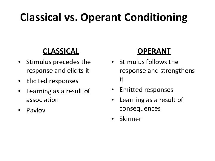 Classical vs. Operant Conditioning CLASSICAL • Stimulus precedes the response and elicits it •