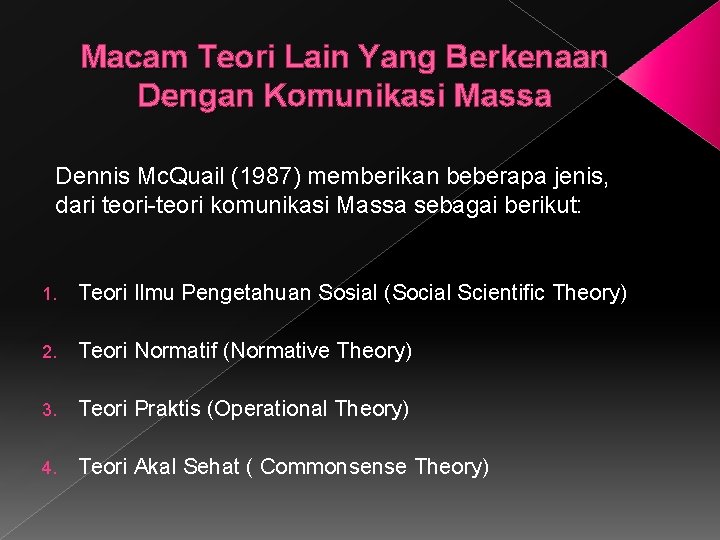 Macam Teori Lain Yang Berkenaan Dengan Komunikasi Massa Dennis Mc. Quail (1987) memberikan beberapa