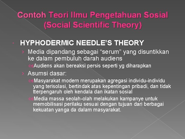 Contoh Teori Ilmu Pengetahuan Sosial (Social Scientific Theory) HYPHODERMIC NEEDLE’S THEORY › Media dipandang