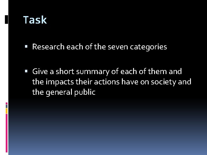 Task Research each of the seven categories Give a short summary of each of