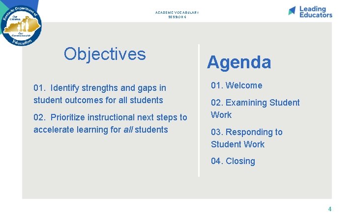 ACADEMIC VOCABULARY SESSION 6 Objectives 01. Identify strengths and gaps in student outcomes for