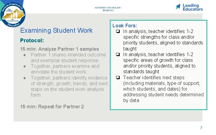 ACADEMIC VOCABULARY SESSION 6 Examining Student Work Protocol: 15 min: Analyze Partner 1 samples
