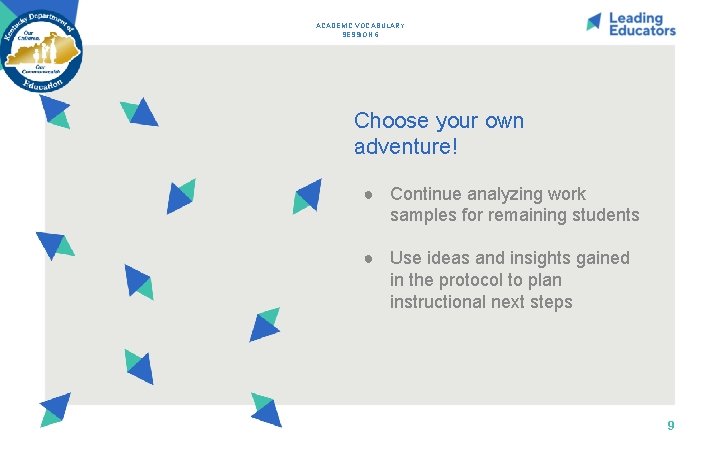 ACADEMIC VOCABULARY SESSION 6 Choose your own adventure! ● Continue analyzing work samples for