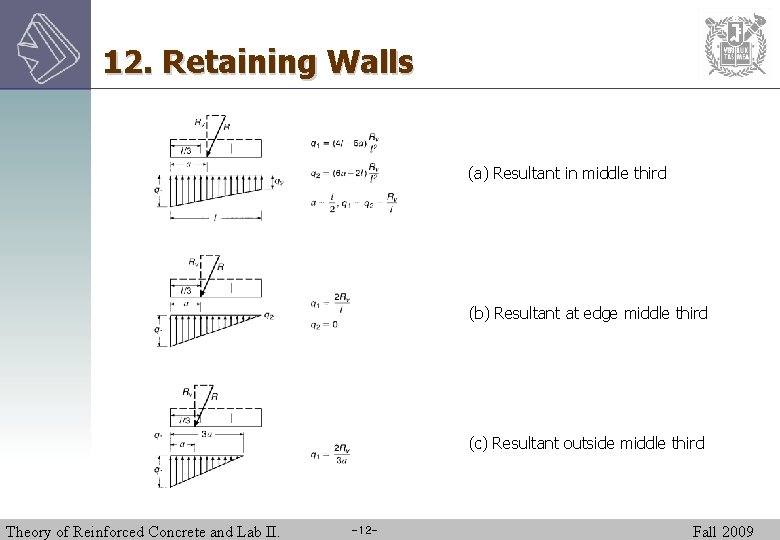 12. Retaining Walls (a) Resultant in middle third (b) Resultant at edge middle third