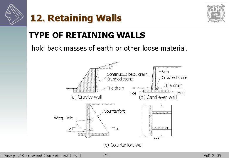 12. Retaining Walls TYPE OF RETAINING WALLS hold back masses of earth or other