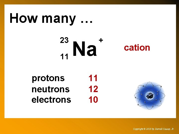 How many … 23 11 protons neutrons electrons Na + cation 11 12 10