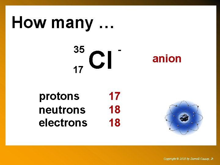 How many … 35 17 protons neutrons electrons Cl - anion 17 18 18