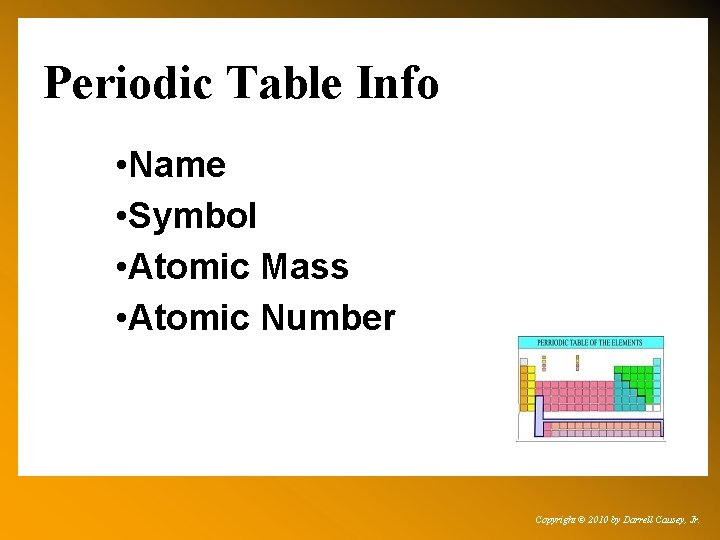 Periodic Table Info • Name • Symbol • Atomic Mass • Atomic Number Copyright