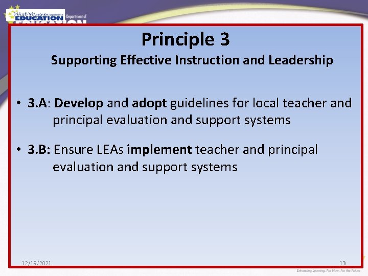 Principle 3 Supporting Effective Instruction and Leadership • 3. A: Develop and adopt guidelines