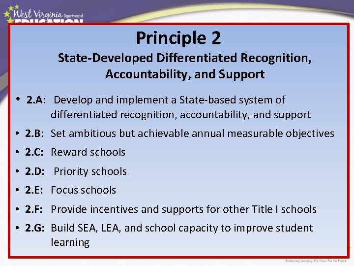 Principle 2 State-Developed Differentiated Recognition, Accountability, and Support • 2. A: Develop and implement