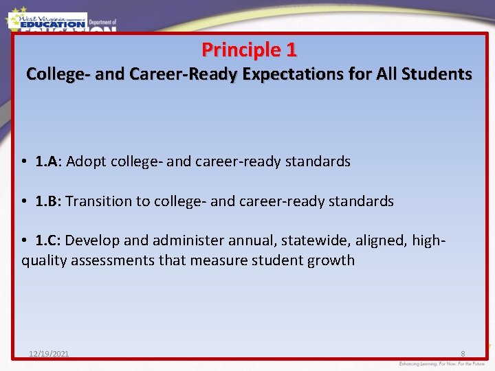 Principle 1 College- and Career-Ready Expectations for All Students • 1. A: Adopt college-