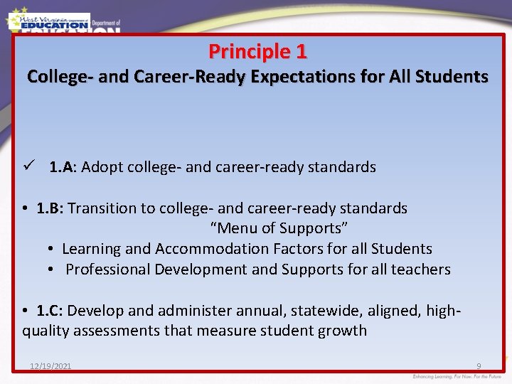 Principle 1 College- and Career-Ready Expectations for All Students ü 1. A: Adopt college-