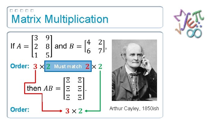 Matrix Multiplication Order: Must match Arthur Cayley, 1850 ish 