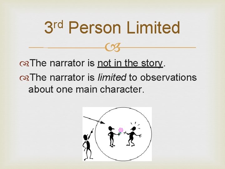 rd 3 Person Limited The narrator is not in the story. The narrator is