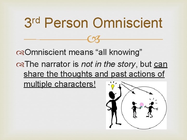 rd 3 Person Omniscient means “all knowing” The narrator is not in the story,