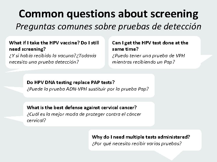 Common questions about screening Preguntas comunes sobre pruebas de detección What if I take