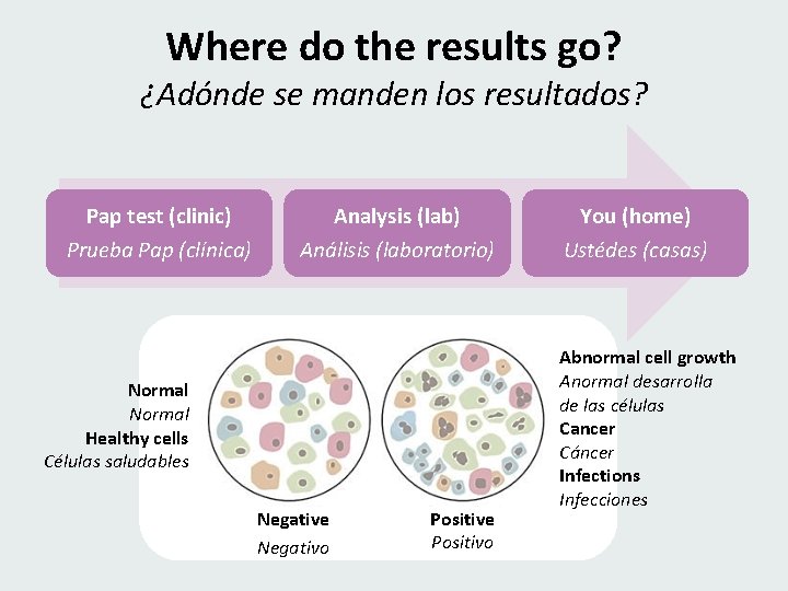 Where do the results go? ¿Adónde se manden los resultados? Pap test (clinic) Prueba