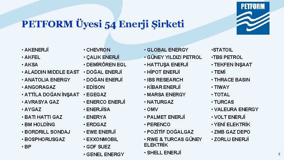 PETFORM Üyesi 54 Enerji Şirketi • AKENERJİ • CHEVRON • GLOBAL ENERGY • STATOIL