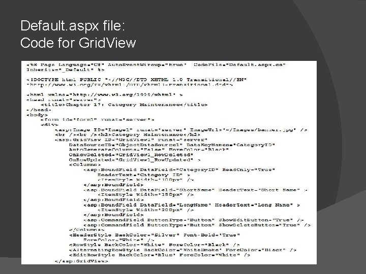 Default. aspx file: Code for Grid. View 